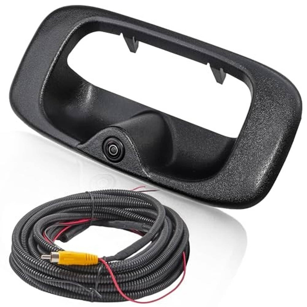 Black tailgate handle backup camera with centered lens and attached cable