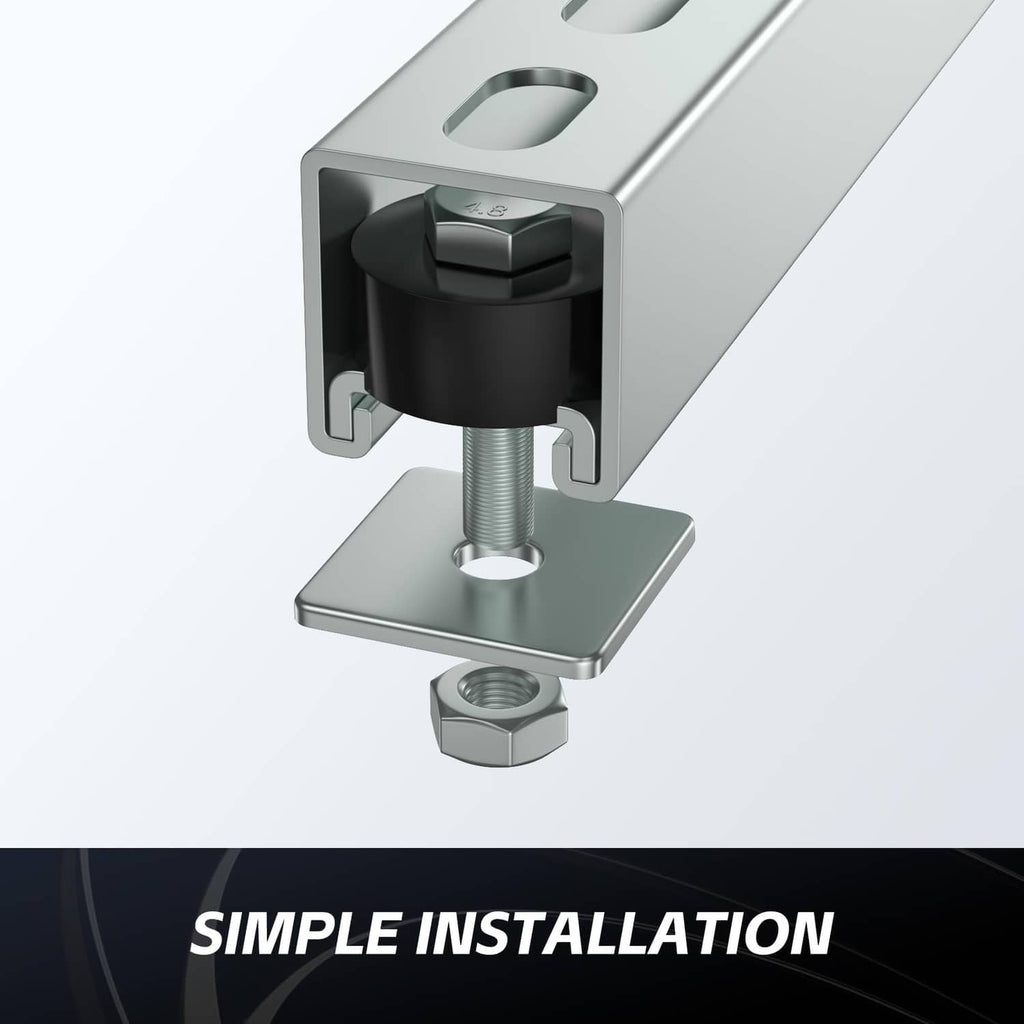 Trolley roller limit wheel in metal channel bracket with black roller and threaded stem