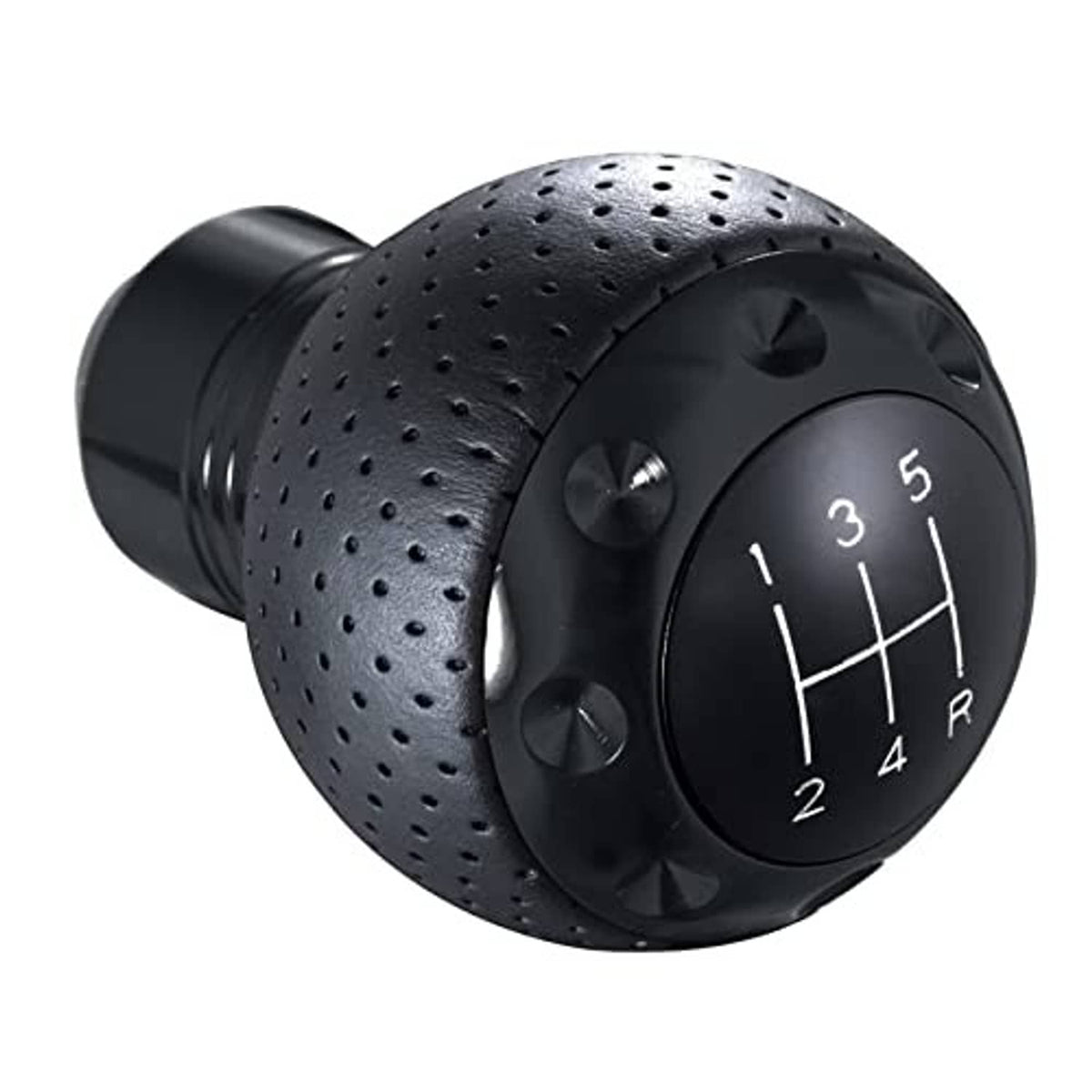 Black perforated leather-look 5-speed shifter knob with shift dial and metal buttons