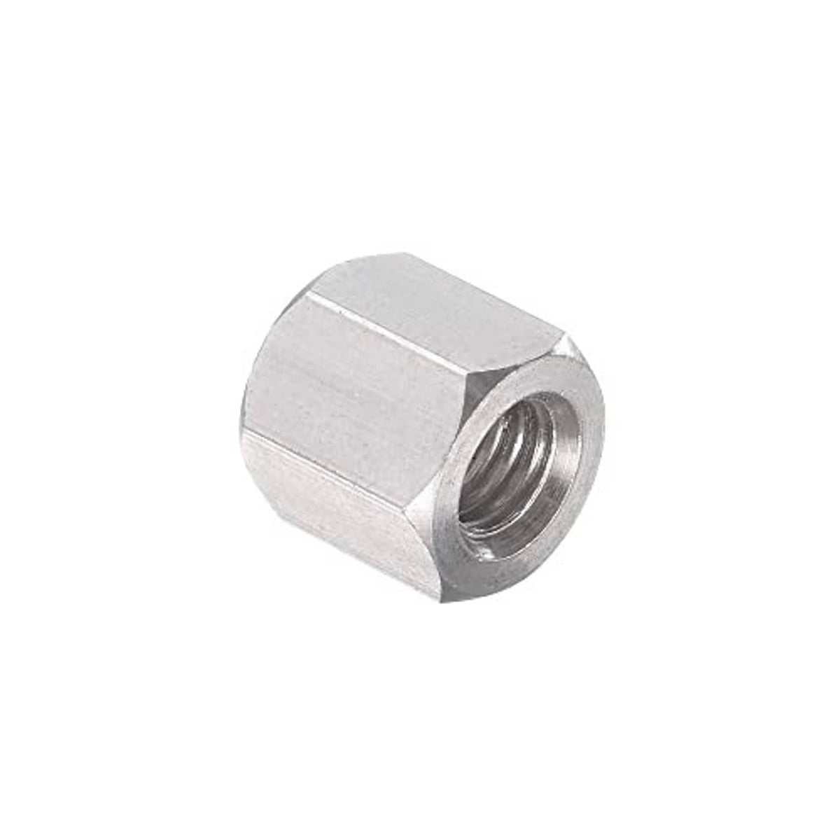 M6 stainless steel hex coupling nut with internal thread, 10mm length, polished