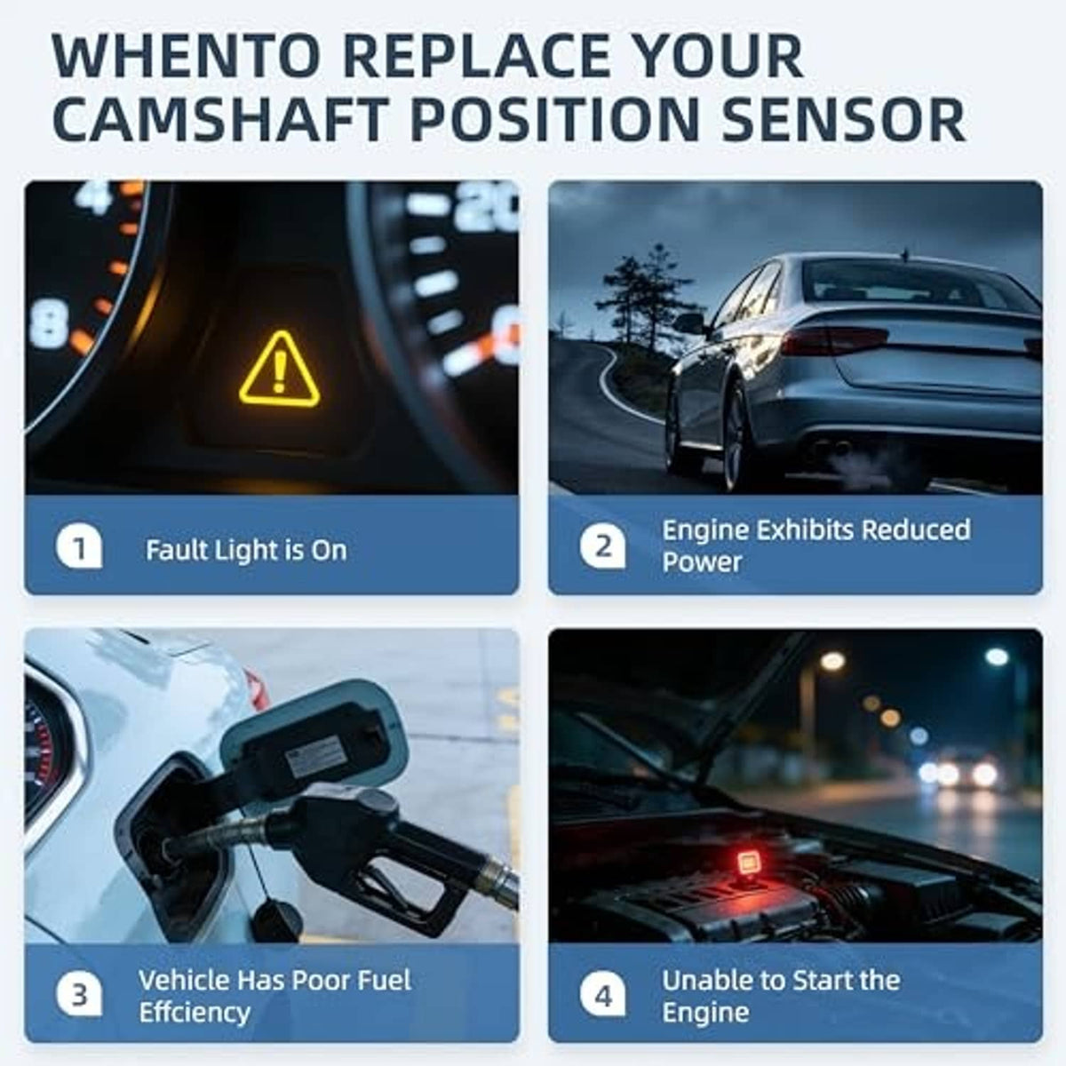 Four-panel vehicle infographic showing dashboard warning and engine compartment