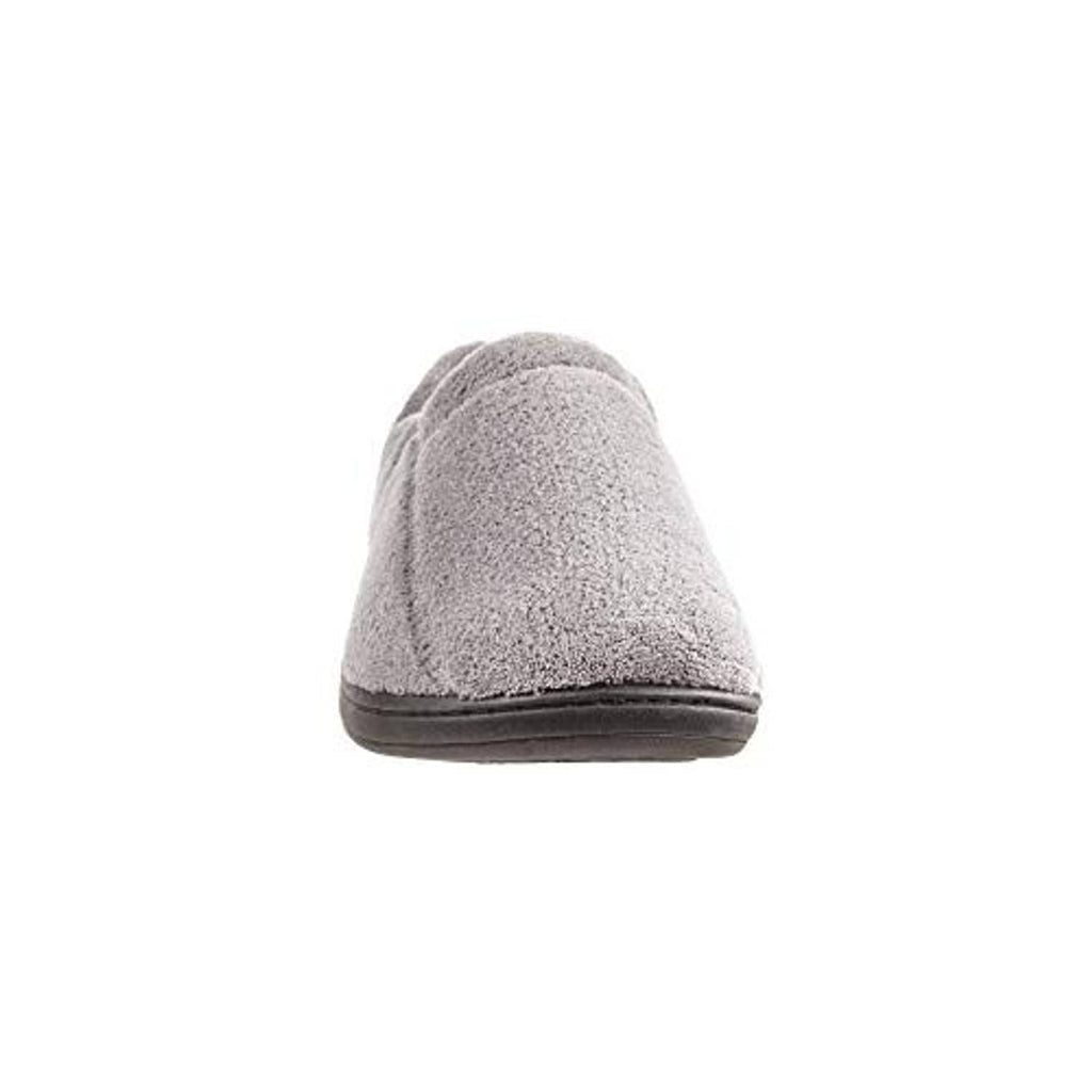 Men's charcoal microterry moccasin slipper, back view with dark sole edge