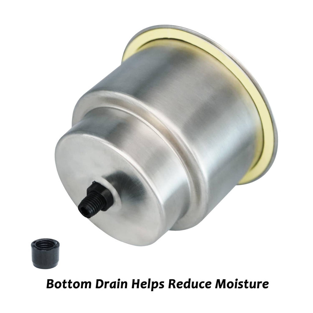 Stainless steel cup holder insert with bottom drain and gold-toned sealing ring