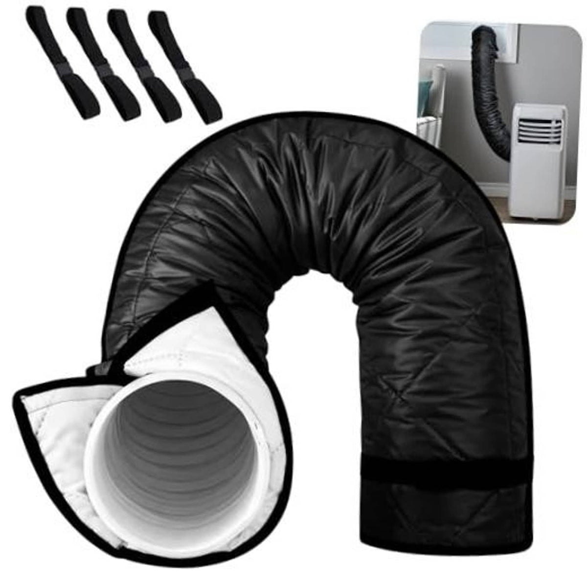 Black quilted AC exhaust hose cover set with open white end and adjustable strap