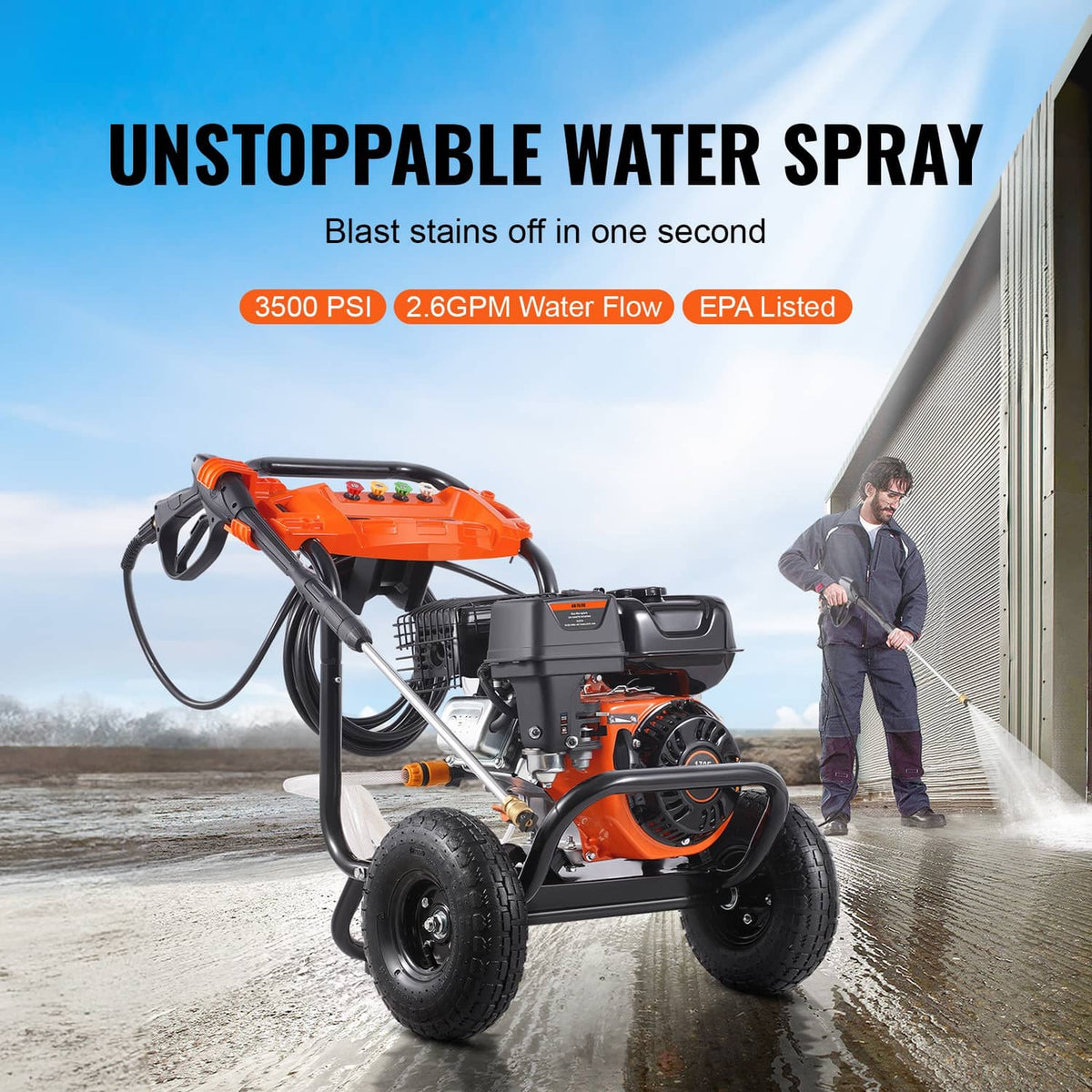 Gas pressure washer producing a high-pressure water spray stream with four large wheels