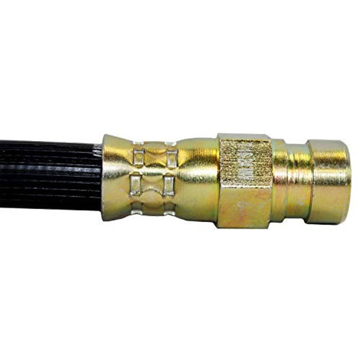 Close-up of brass brake-line fitting with hex connector and black hose