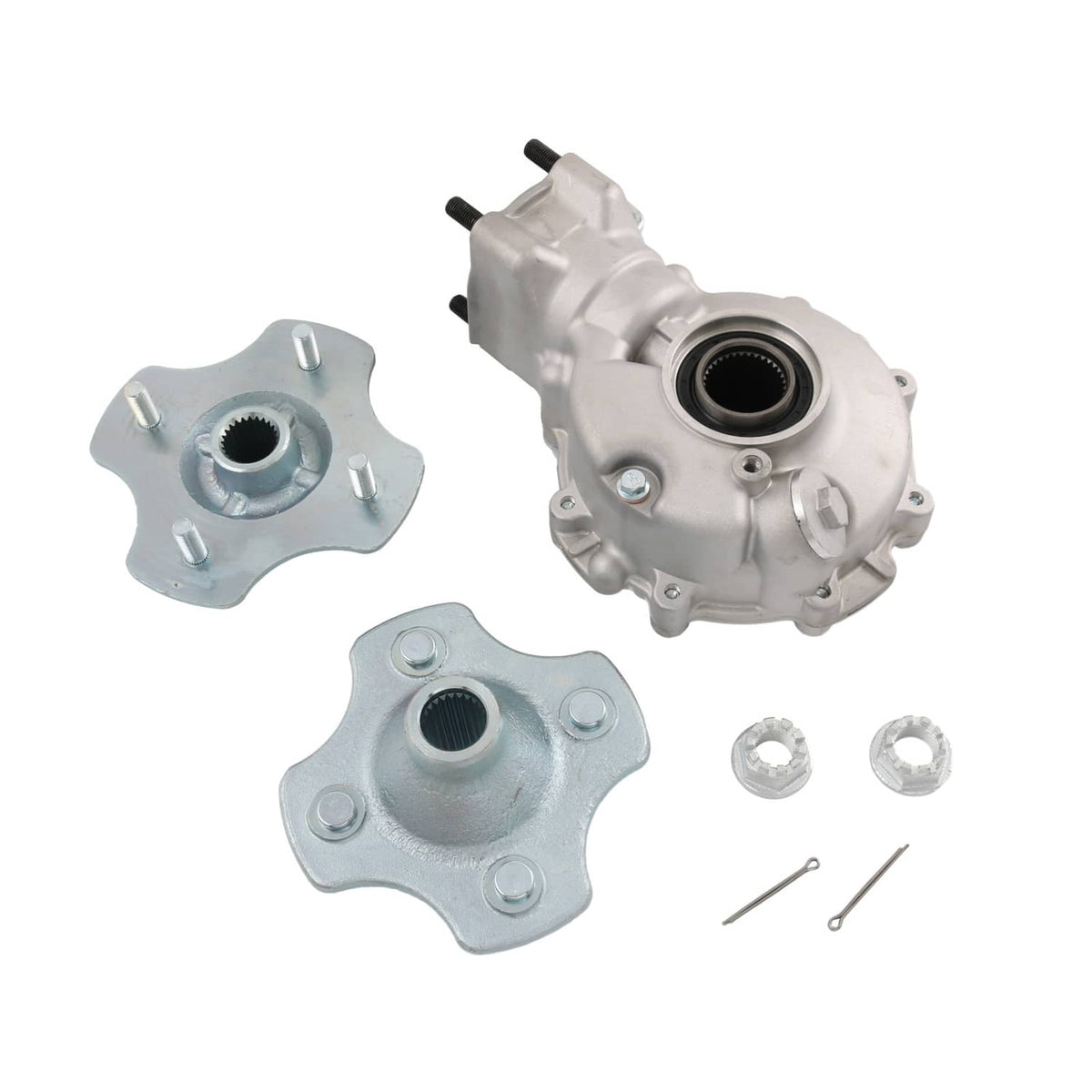 Rear differential wheel hub assembly kit with hub plates and mounting hardware