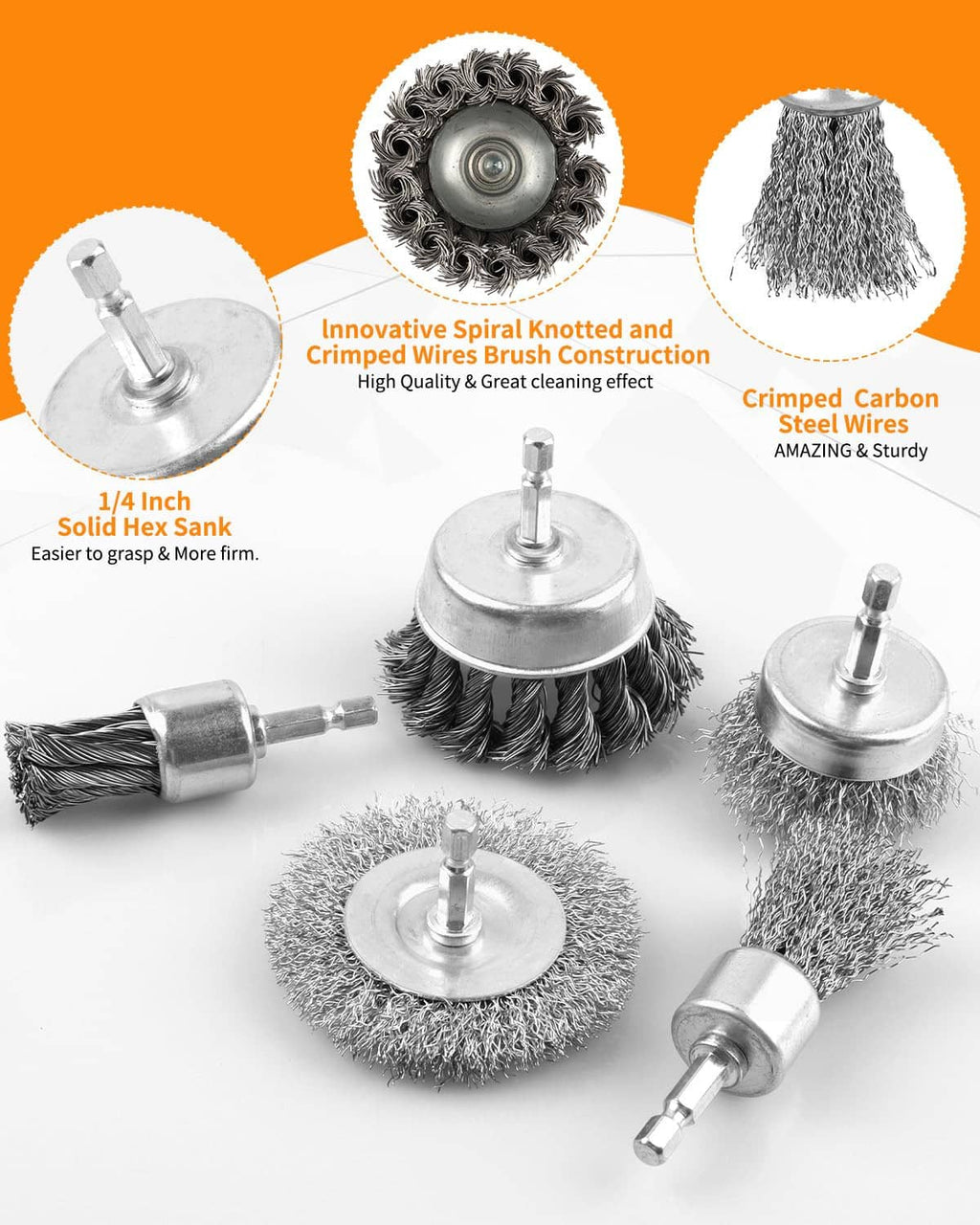 Drill wire brush wheel set with spiral knotted steel bristles and hex shanks