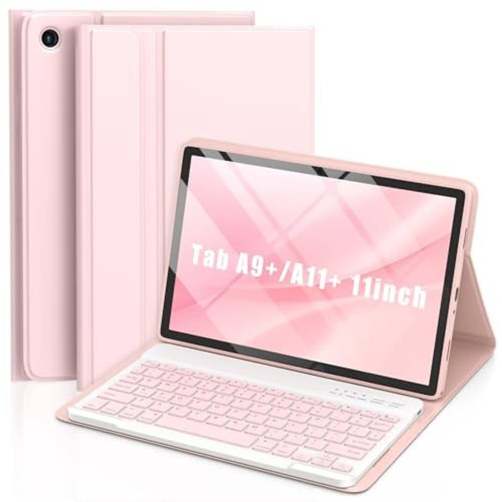 Pink folio keyboard case for 11-inch Samsung Galaxy Tab A9+/A11+ in landscape view