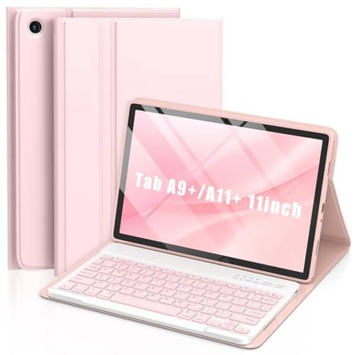 Pink folio keyboard case for 11-inch Samsung Galaxy Tab A9+/A11+ in landscape view