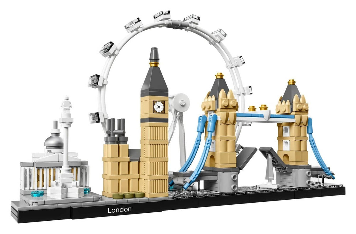 LEGO London skyline set model with Big Ben-style tower and white and blue curved rails