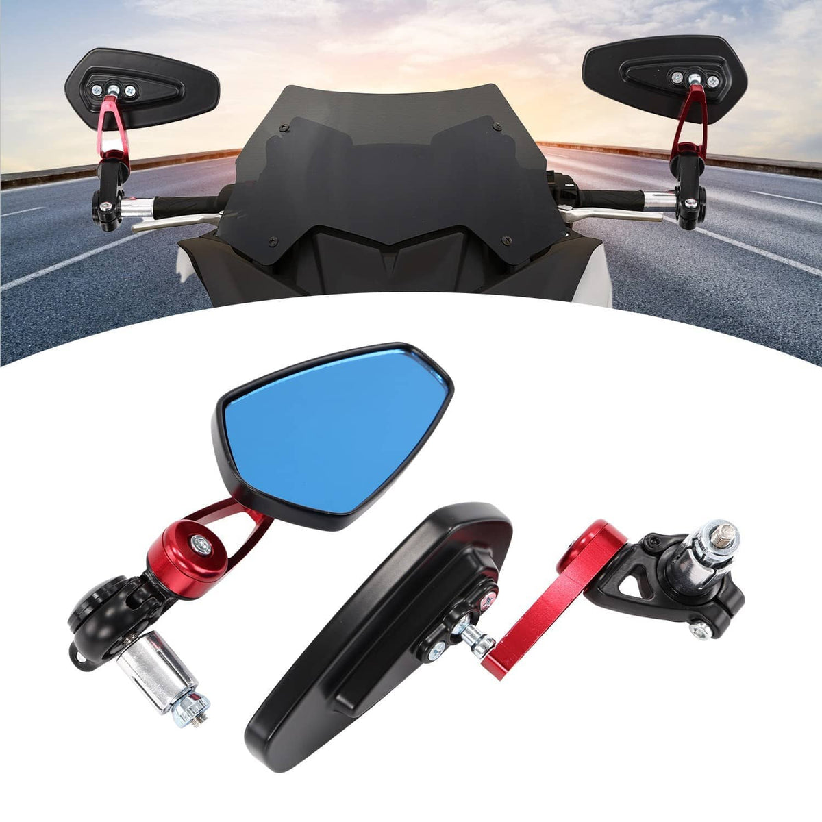 Handlebar-end rearview mirrors with blue lenses and black-red mounting brackets