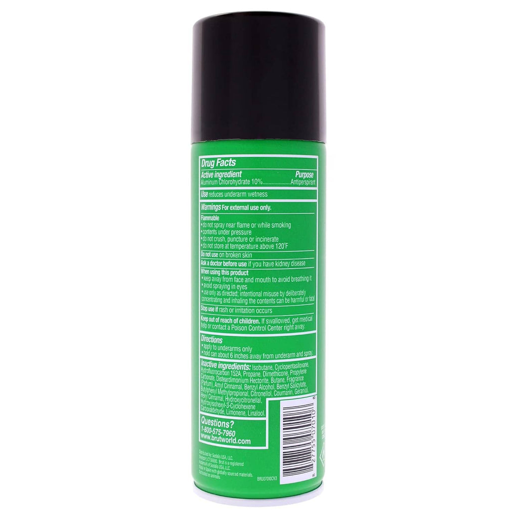 BRUT Classic deodorant spray, back label on green can with black cap.