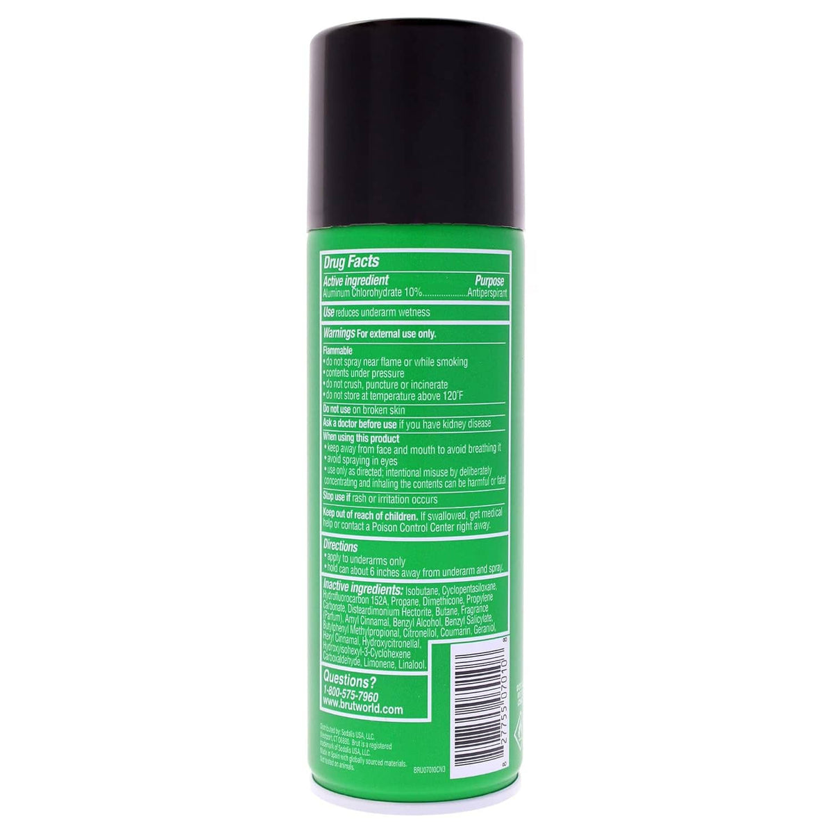 BRUT Classic deodorant spray, back label on green can with black cap.