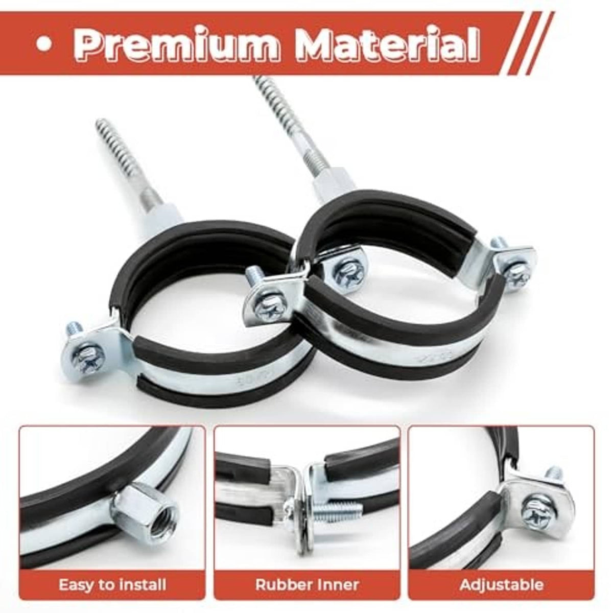 Two pipe clamps with black rubber split rings, zinc metal brackets, and tightening bolts