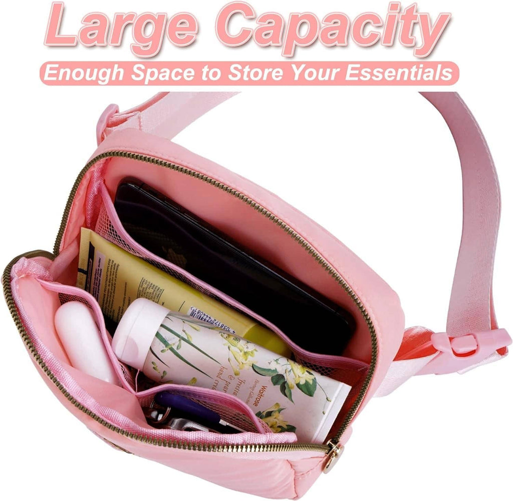 Peach crossbody pouch bag open to show contents and top zipper closure