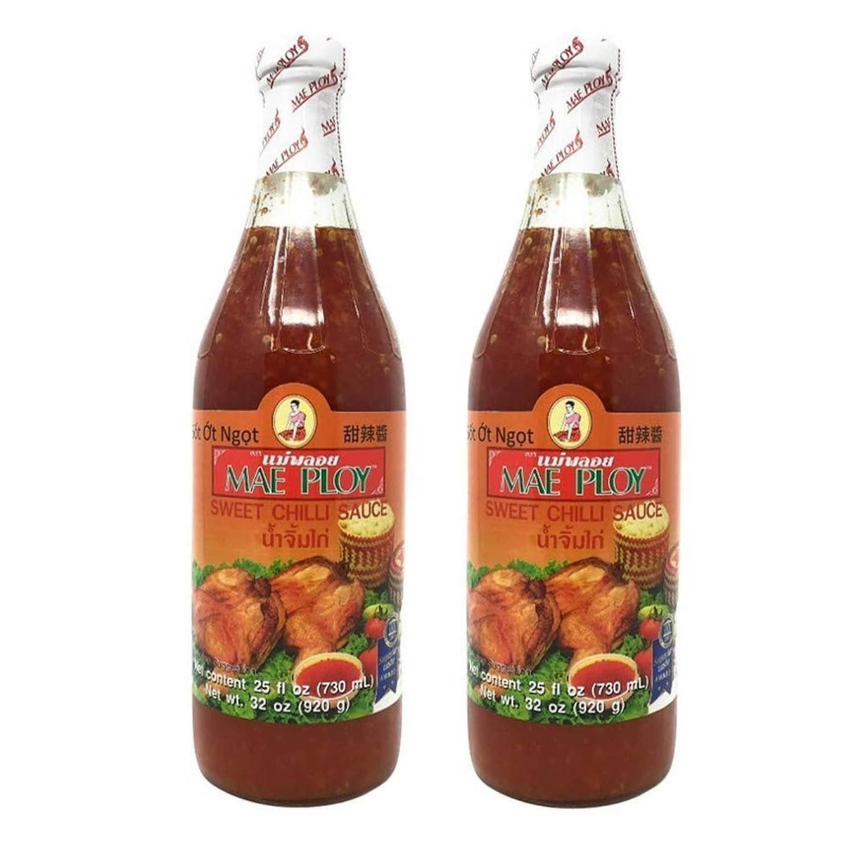 Two Mae Ploy sweet chili sauce bottles, 25 fl oz (730 ml) each, sealed caps