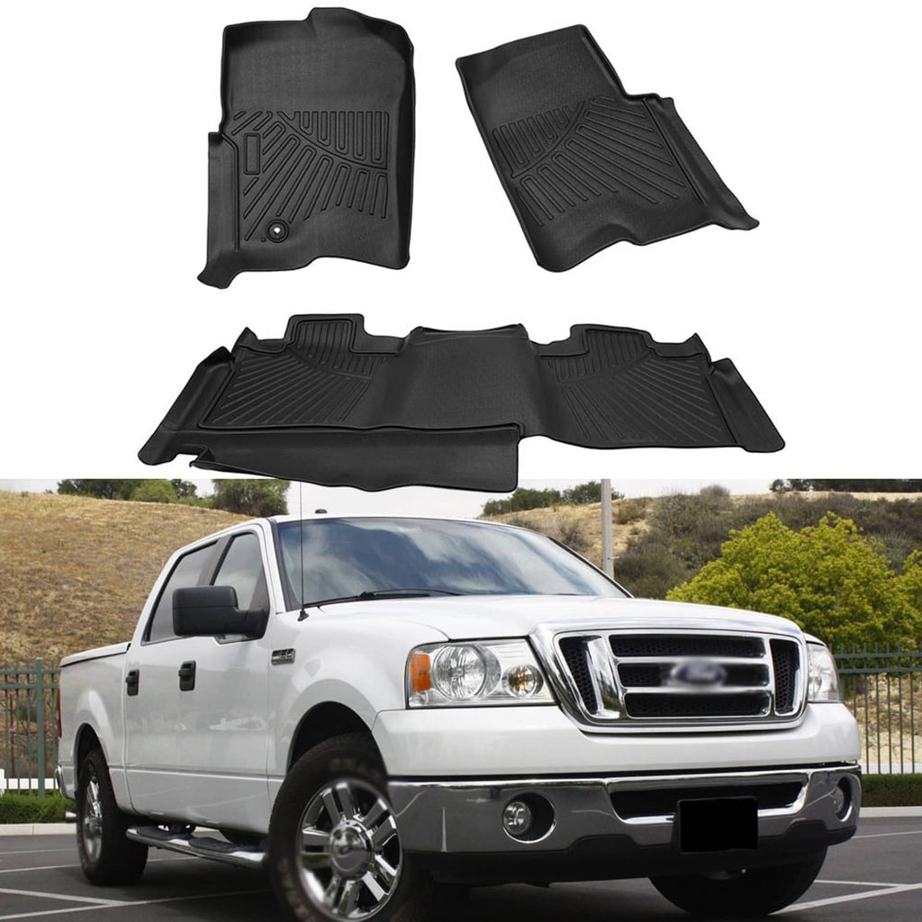 Black all-weather floor liner mats set displayed with a pickup truck