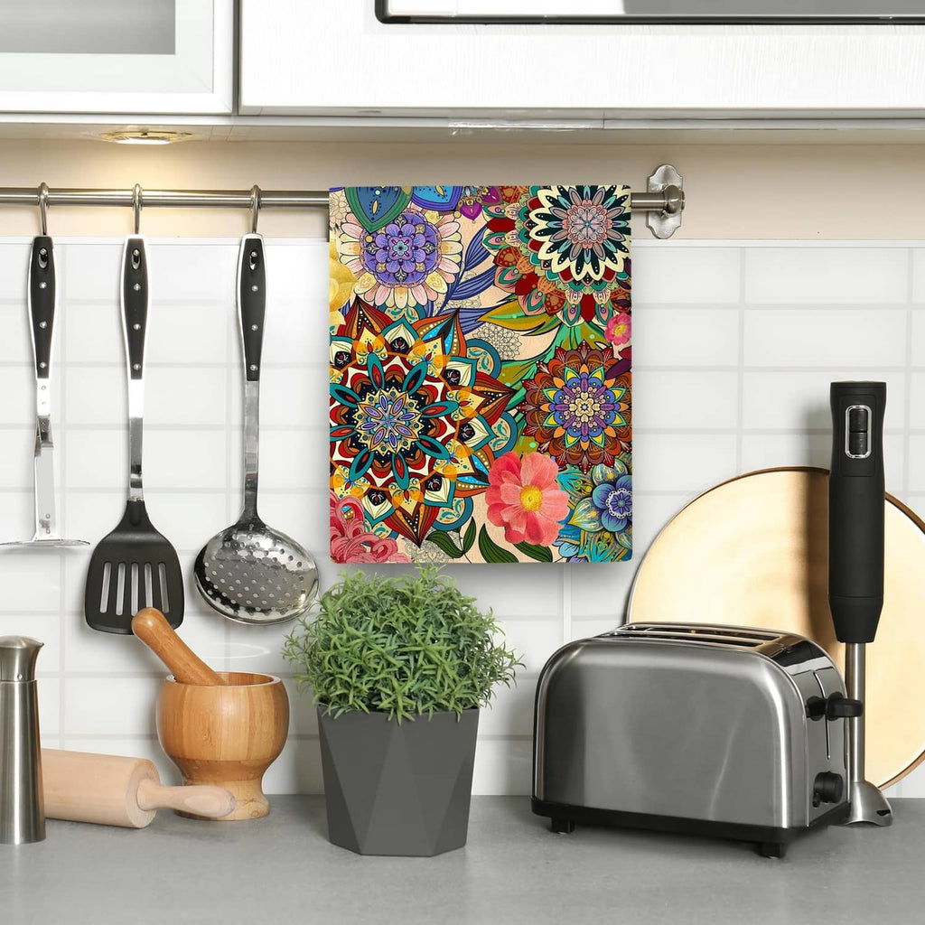 Boho floral kitchen towel pair on a wall rod, vibrant flower mandala design