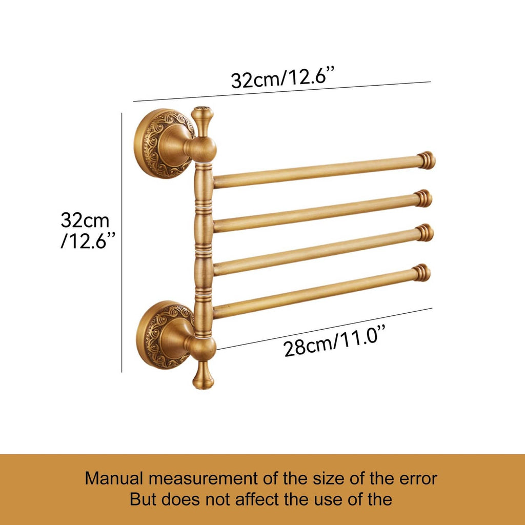 Wall-mounted 4-bar towel rack with antique bronze round plates and horizontal bars.