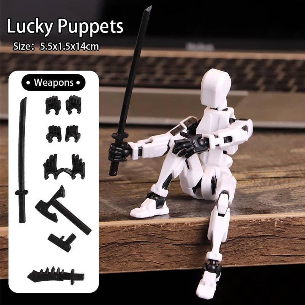White articulated action figure robot holding a black rifle, standing on white feet