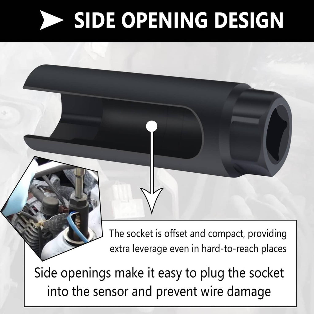 Black offset oxygen sensor socket with side opening to plug into sensor