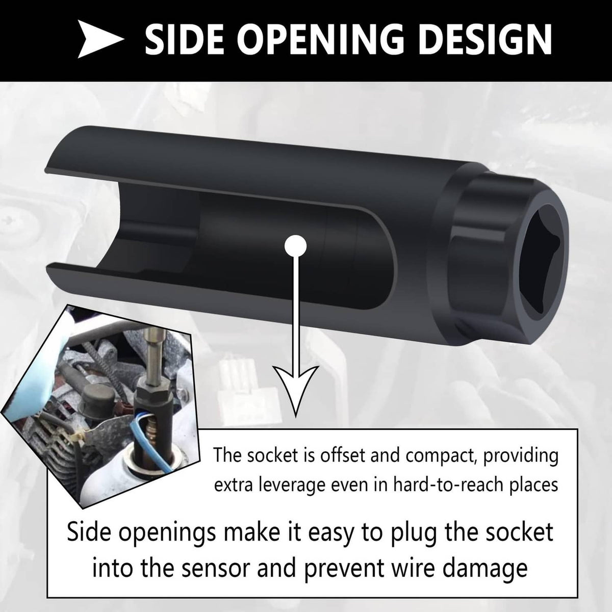 Black offset oxygen sensor socket with side opening to plug into sensor