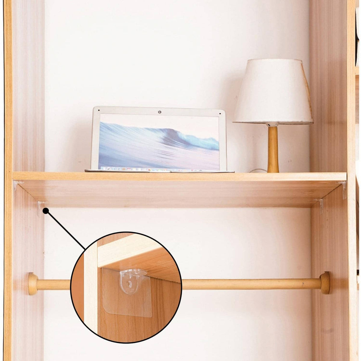 Close-up of clear adhesive shelf support peg under a wooden shelf