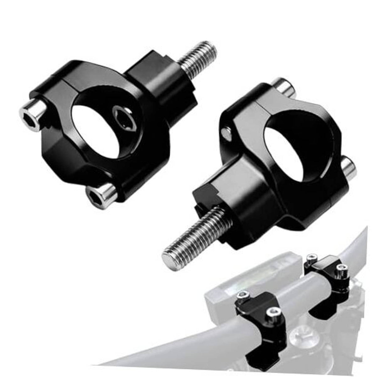 Black CNC handlebar riser clamp set with mounting bolts and side screws