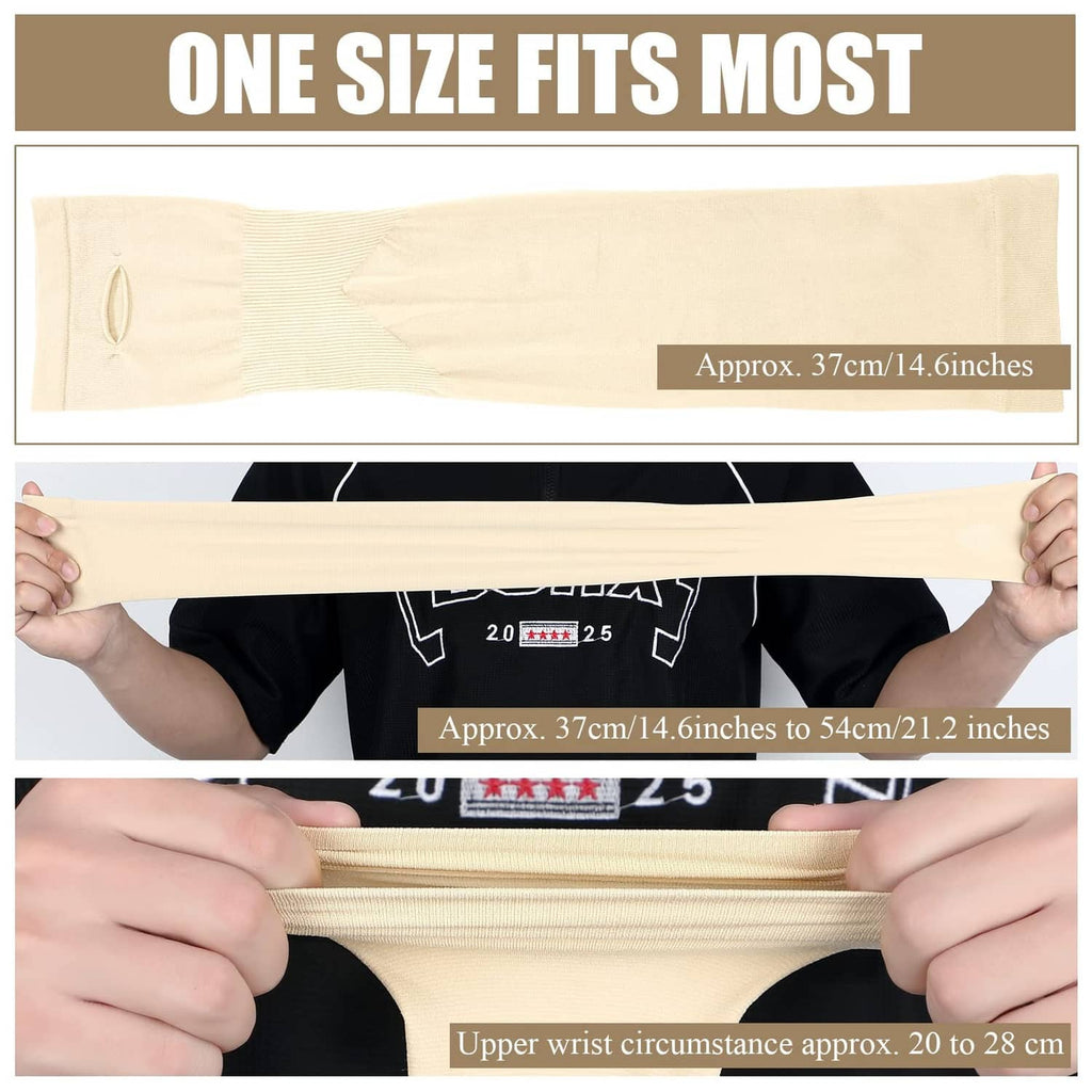 Beige protective arm sleeve laid flat with measurement view for length and wrist fit