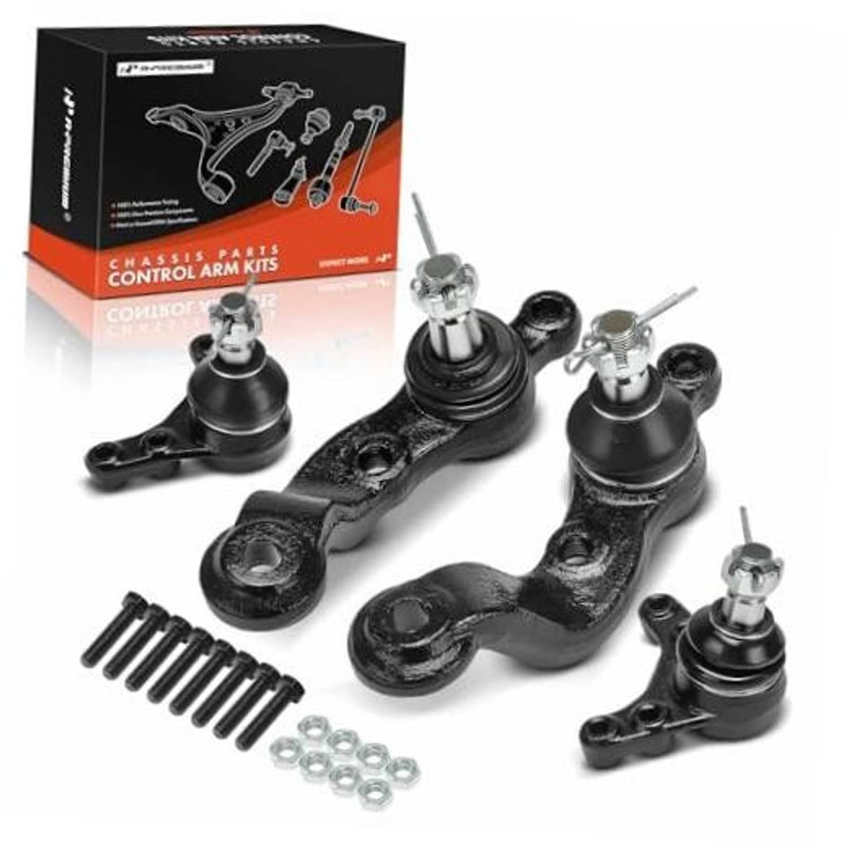Set of 4 ball joint kit with black control arms and hardware, front upper and lower