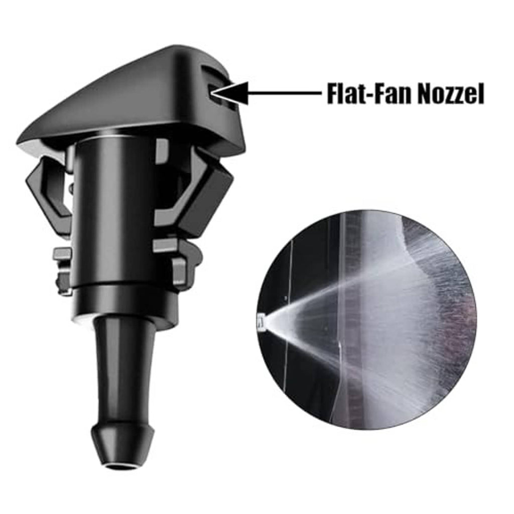 Black flat-fan windshield washer nozzle with wide spray outlet