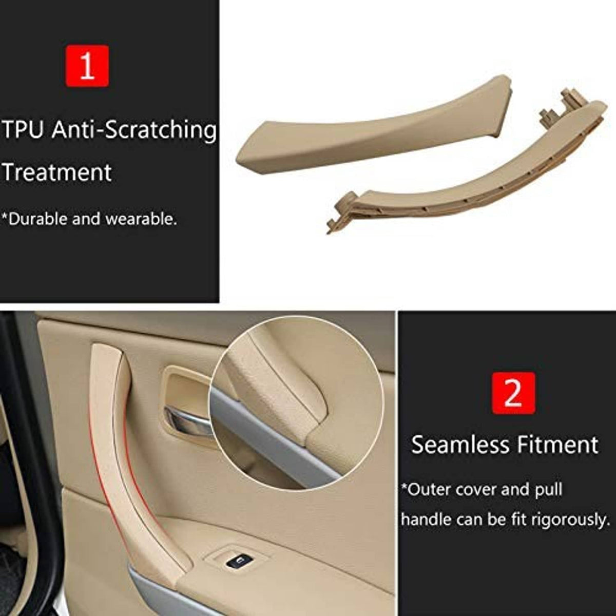 Beige right door pull handle outer cover with anti-scratch treatment callouts