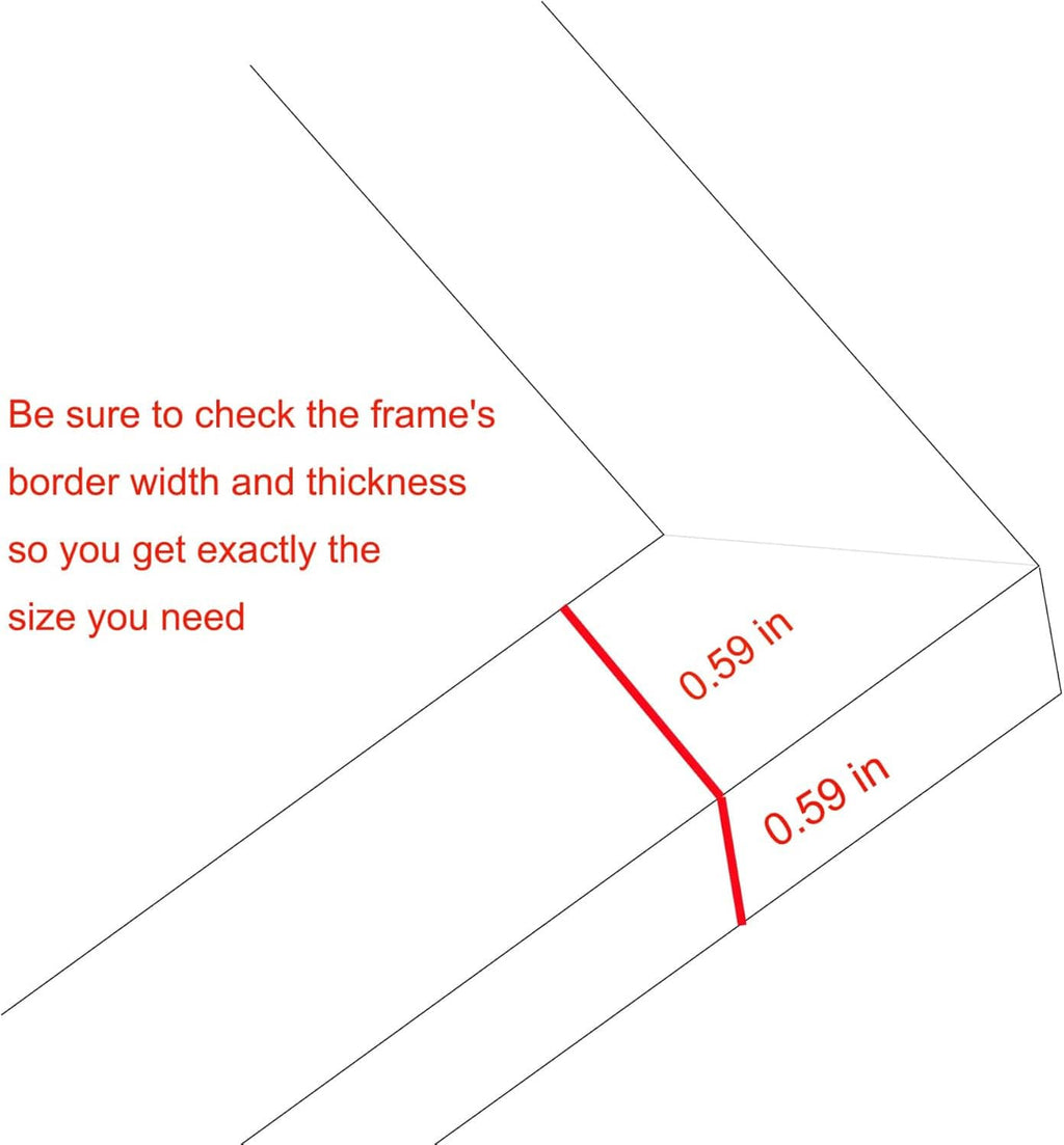 Picture frame corner thickness diagram with red dimension lines.