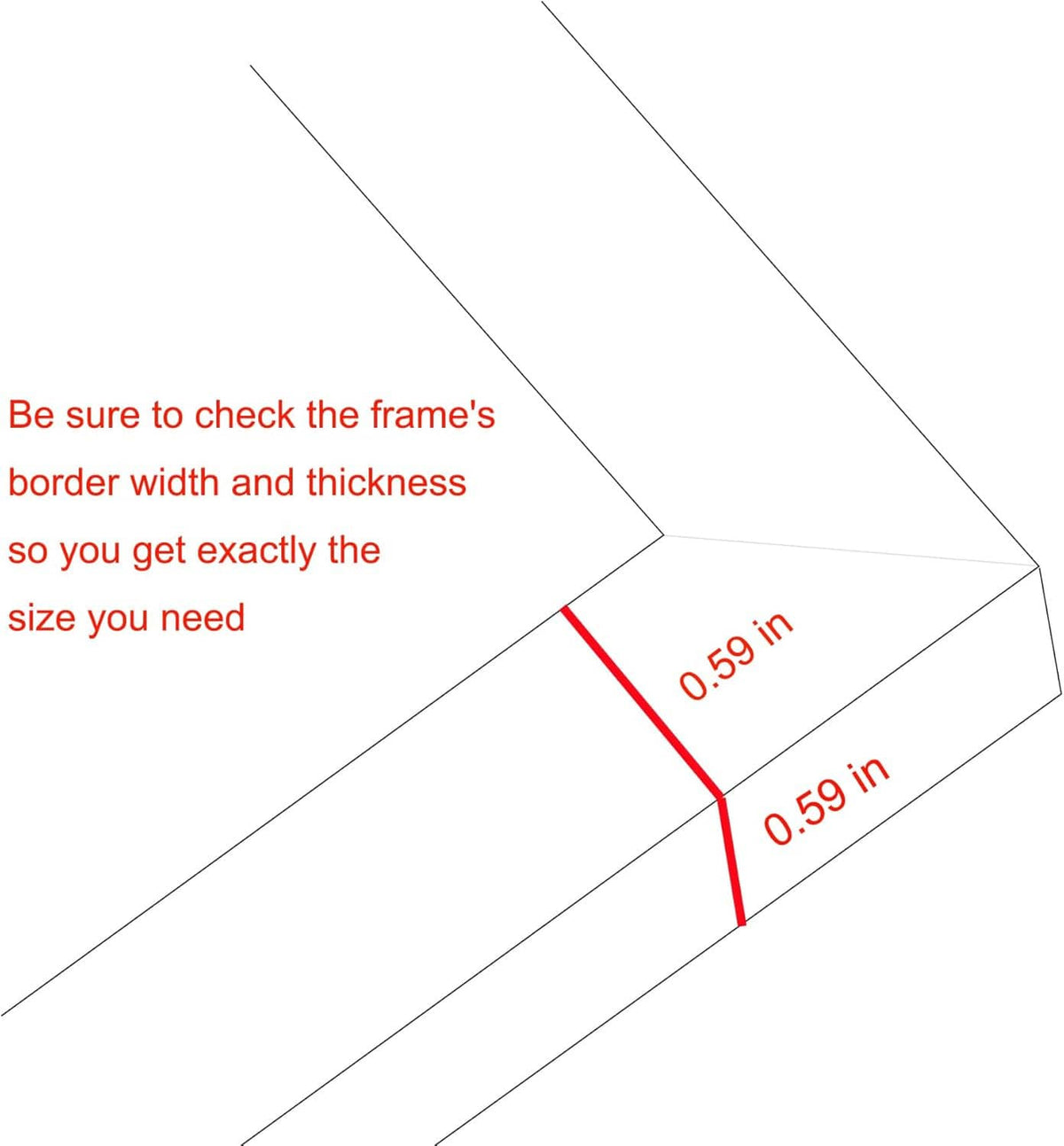 Picture frame corner thickness diagram with red dimension lines.