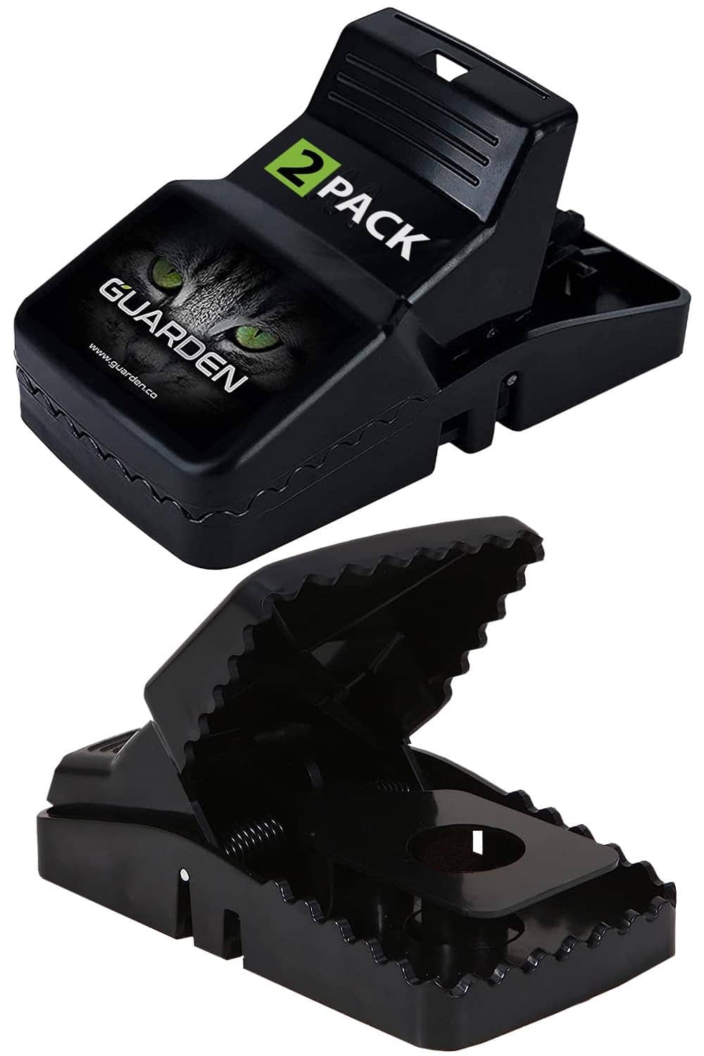 Black 2-pack snap rat traps with open bait cup and trigger lever