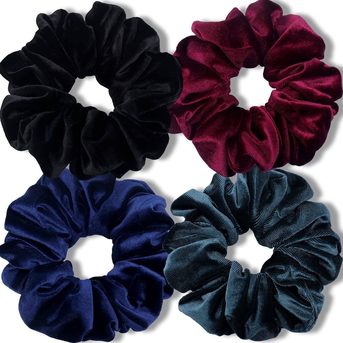 Set of 6 velvet jumbo scrunchies: black, burgundy, navy, teal, and tan tones