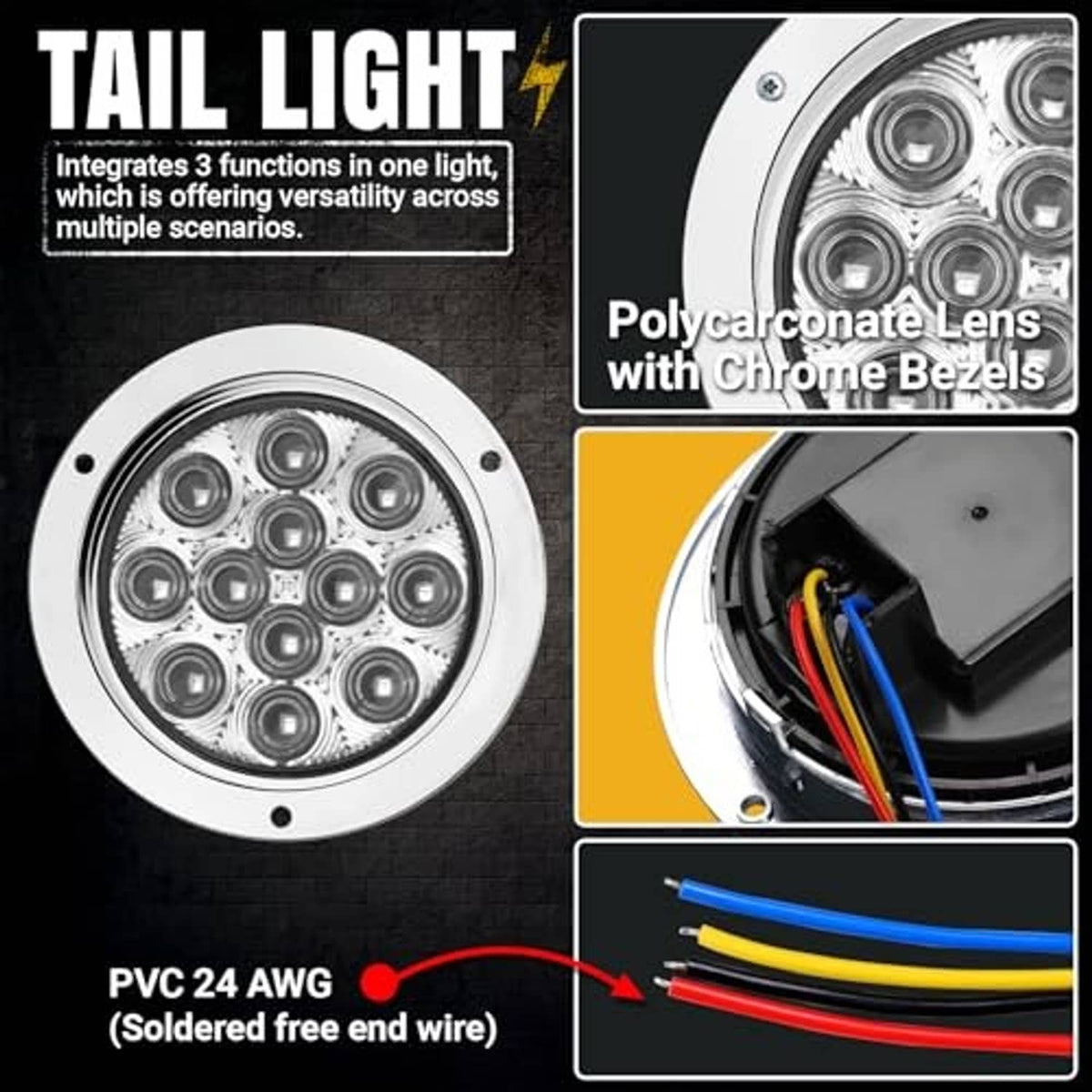 White LED strobe tail light with polycarbonate lens, chrome bezel, and 24AWG wire leads.