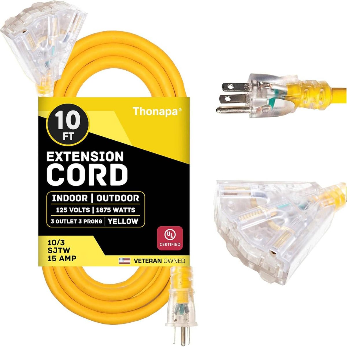10 ft yellow extension cord with 3-prong plug and clear 3-outlet head