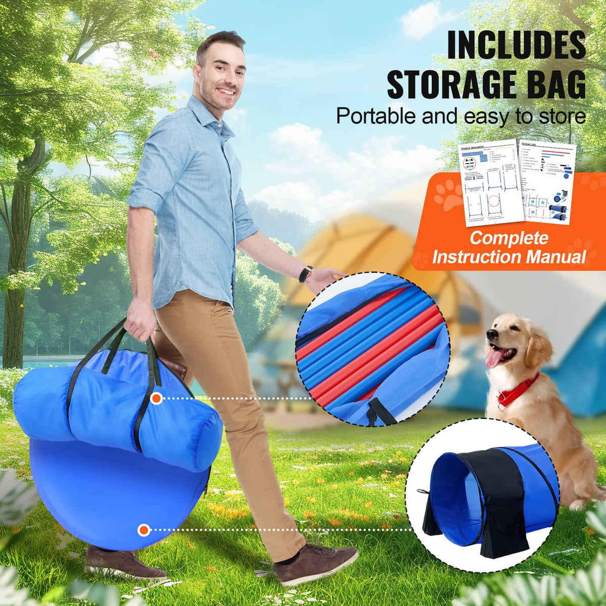 Blue collapsible dog agility tunnel with included storage bag for easy transport