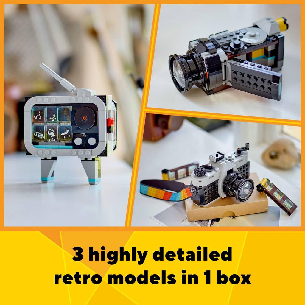 Retro camera LEGO model with foldout screen and small display pieces