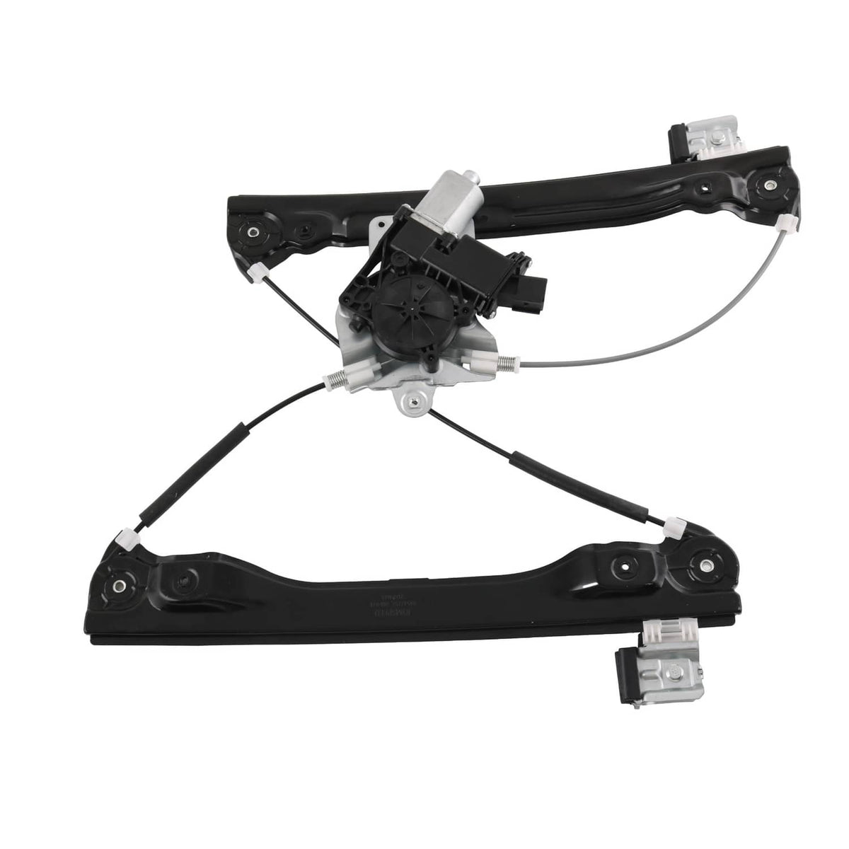 Window regulator with motor, black frame with central motor housing and wiring