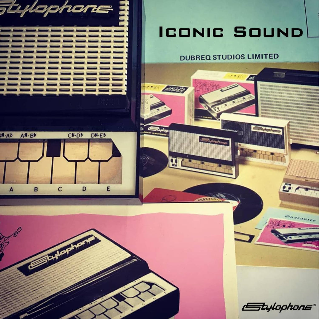 Stylophone synthesizer boxed sets and instruments displayed in a promotional layout
