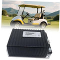 Black battery controller module for Curtis DC golf cart, with label and terminal mounts