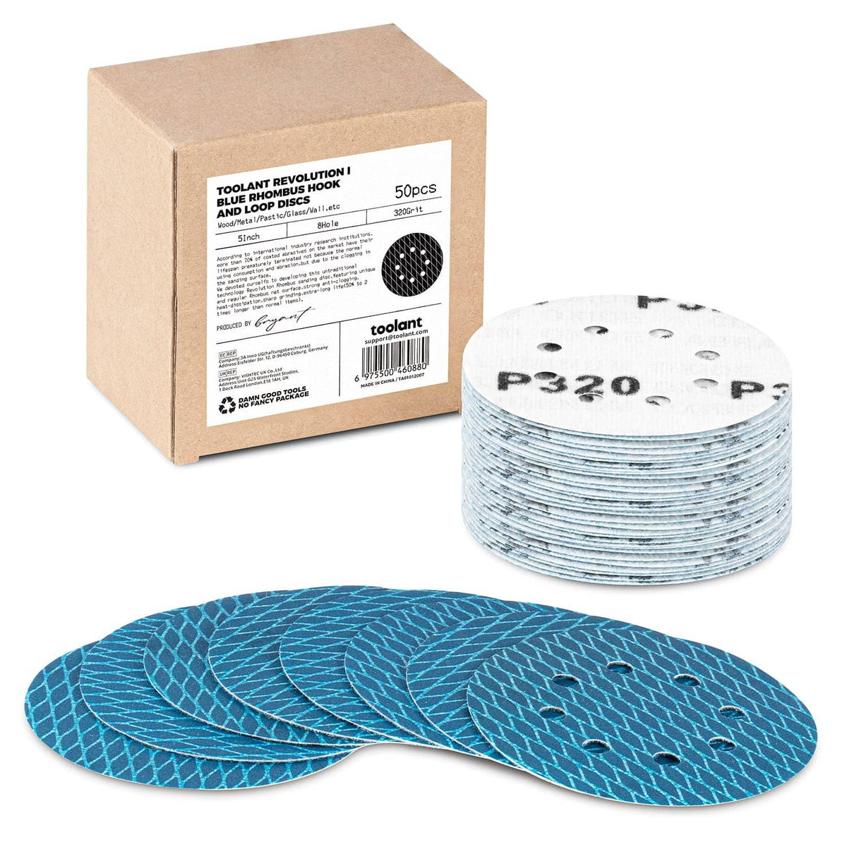 Blue 320-grit 5-inch diamond sanding discs with 8-hole pattern, stack and box.