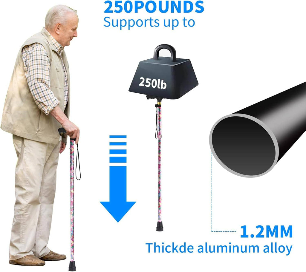 Elderly person using a floral folding walking cane with padded black handle and wrist strap