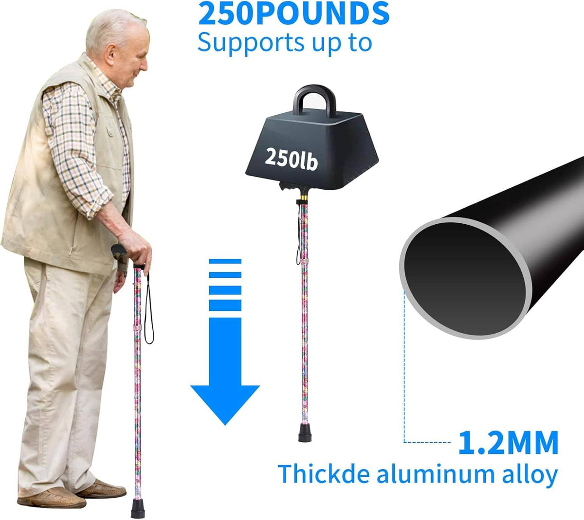 Elderly person using a floral folding walking cane with padded black handle and wrist strap