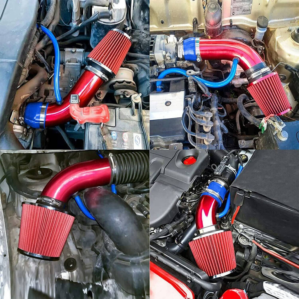 Cold air intake filter kit installed in engine bay with red filter cones and hoses