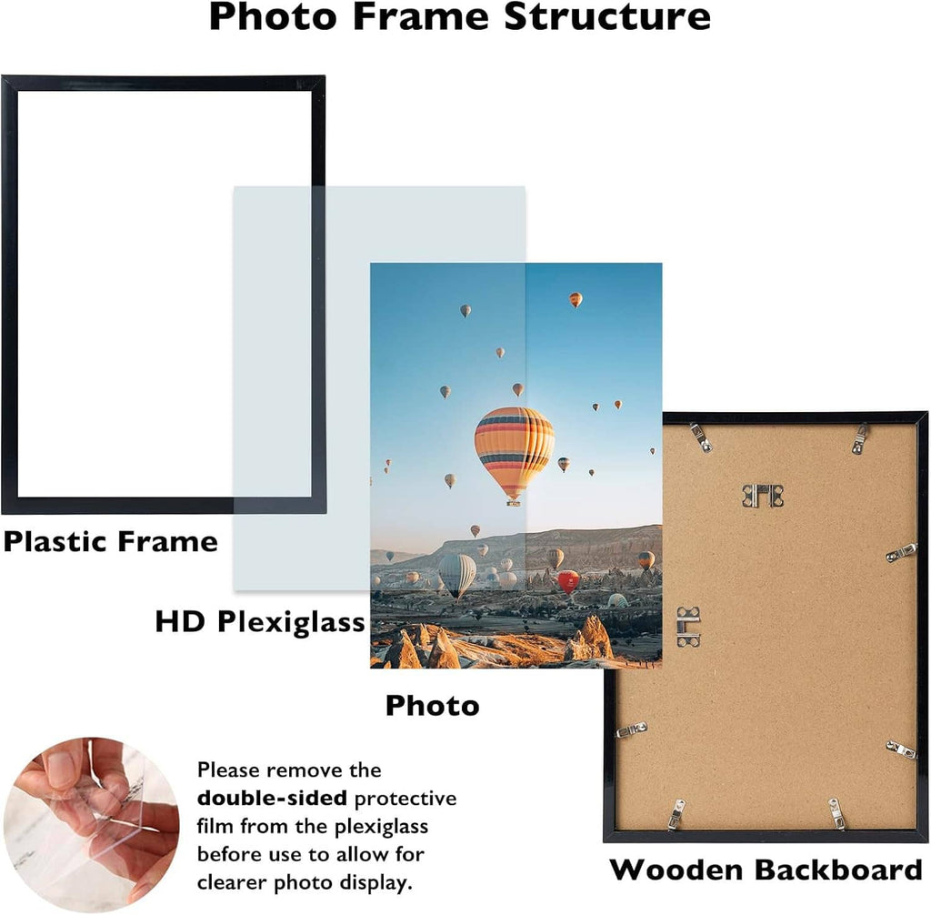 Photo frame structure with black plastic front, HD plexiglass, and wooden backboard