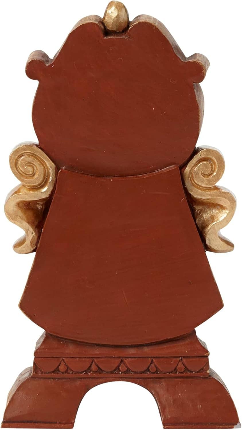 Back view of Cogsworth figurine in dark brown coat with gold side scrolls